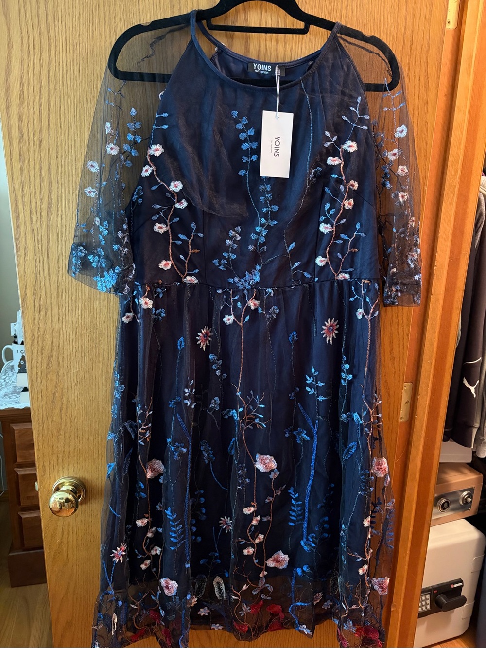 YOINS Navy Floral Embroidered Midi Dress